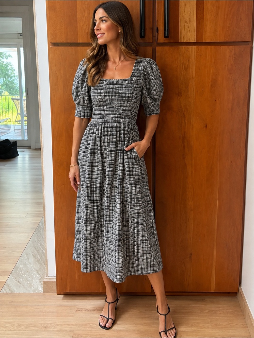 Ganni smocked seersucker  midi dress size 36(US 4)